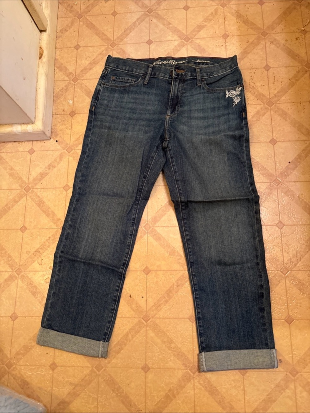 Eddie Bauer Medium Blue washed Boyfriend Jeans with Embroidered Floral Detail